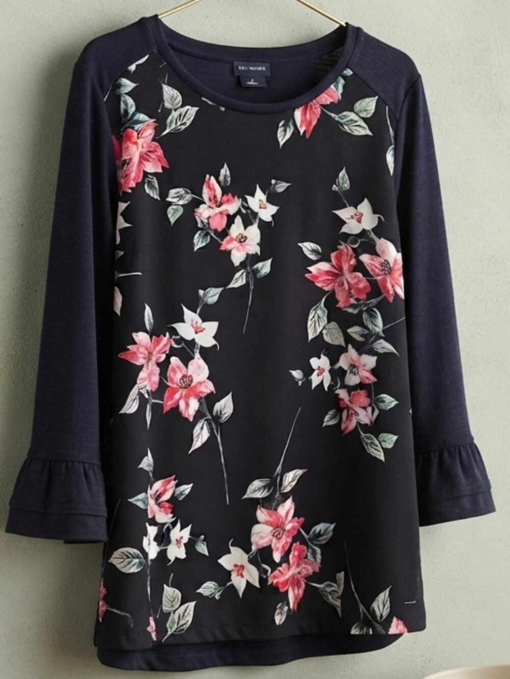 Van Heusen Black Floral Tunic Top Women's Medium Pink Long Sleeve Bell Cuff Blou